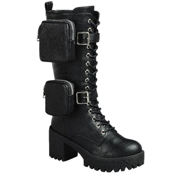 Shoes - New Black Pouch Lace Up Long Combat Military Boots